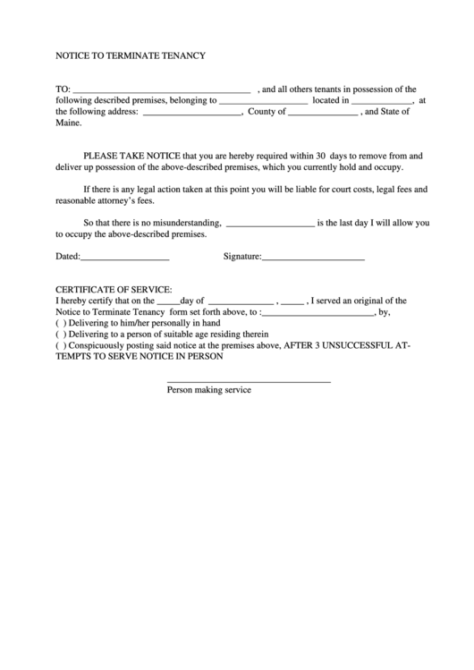 Notice To Terminate Tenancy Form Printable pdf