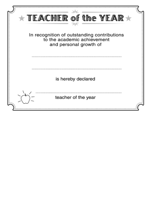 Fillable Teacher Of The Year Certificate Of Achievement Template Printable pdf