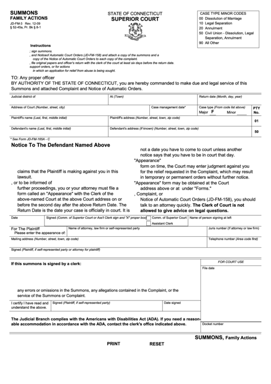 Fillable Summons Family Actions State Of Connecticut Superior Court Printable pdf