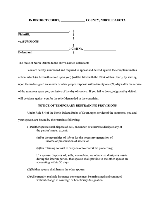 Summons - North Dakota District Court Printable pdf