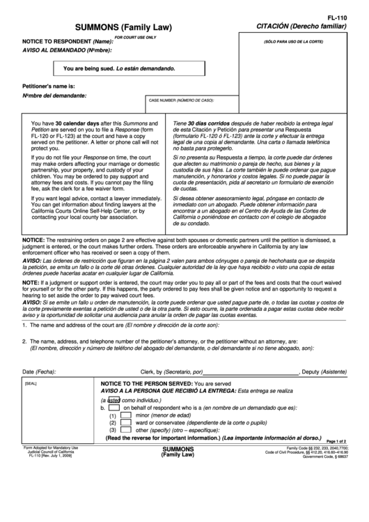 Summons (Family Law) Printable pdf