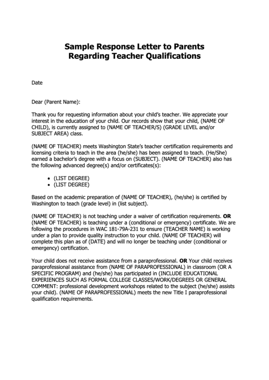 Sample Response Letter To Parents Regarding Teacher Qualifications Printable pdf