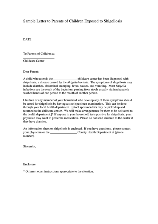 Sample Letter To Parents Template - Children Exposed To Shigellosis Printable pdf