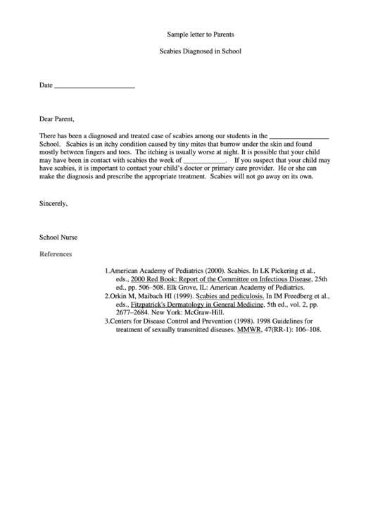 Sample Letter To Parents Template - Scabies Diagnosed In School Printable pdf