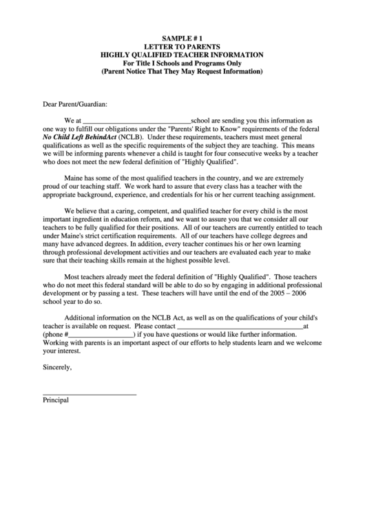 Sample Letter To Parents Template - Highly Qualified Teacher Sns-Brigh10