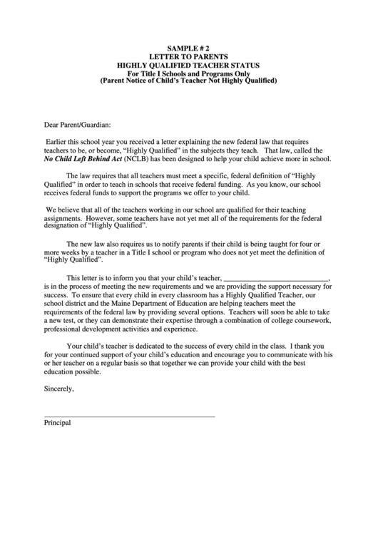 Sample Letter To Parents Template - Highly Qualified Teacher Status Printable pdf