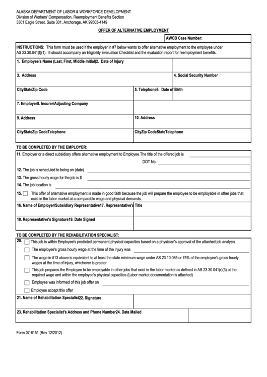 Fillable Offer Of Alternative Employment Printable pdf