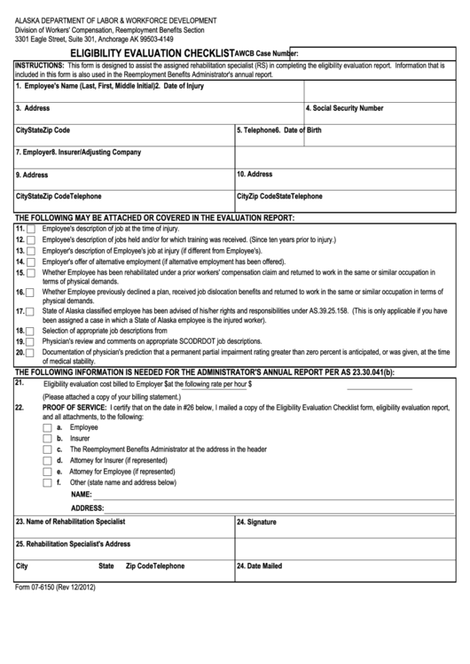 Fillable Form 07-6150 - Eligibility Evaluation Checklist Printable pdf