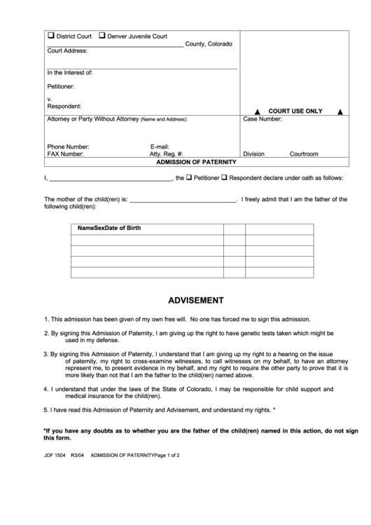 Fillable Admission Of Paternity Printable pdf