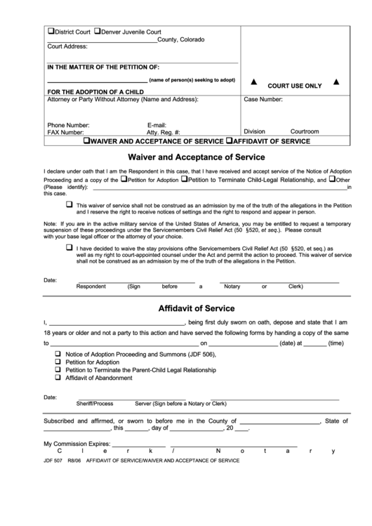 Fillable Waiver And Acceptance Of Service Printable pdf