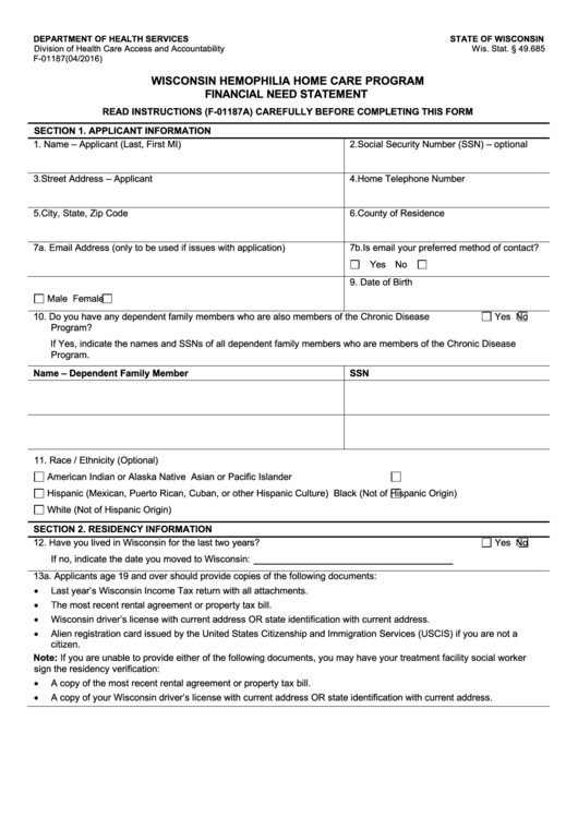 Form F-01187 - Wisconsin Hemophilia Home Care Program Financial Need Statement - 2016 Printable pdf