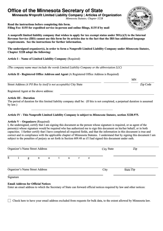 Fillable Minnesota Nonprofit Limited Liability Company Articles Of Organization Printable pdf