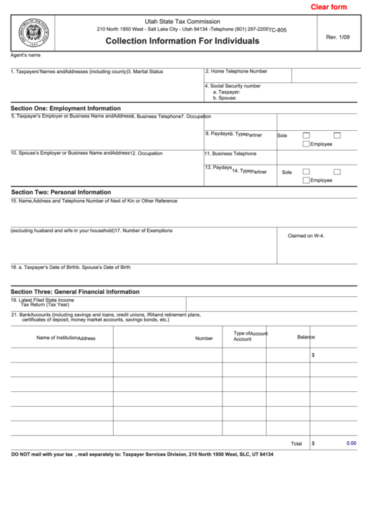 Fillable Form Tc-805 - Collection Information For Individuals - 2009 Printable pdf