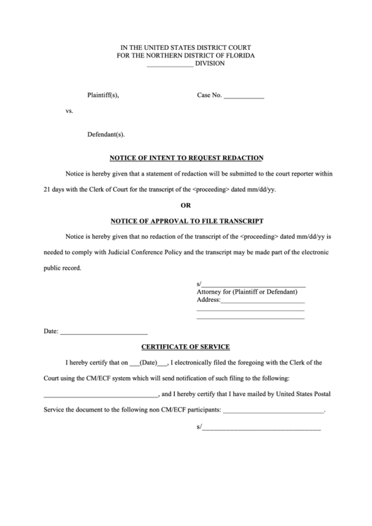 Notice Of Intent To Request Redaction Printable pdf