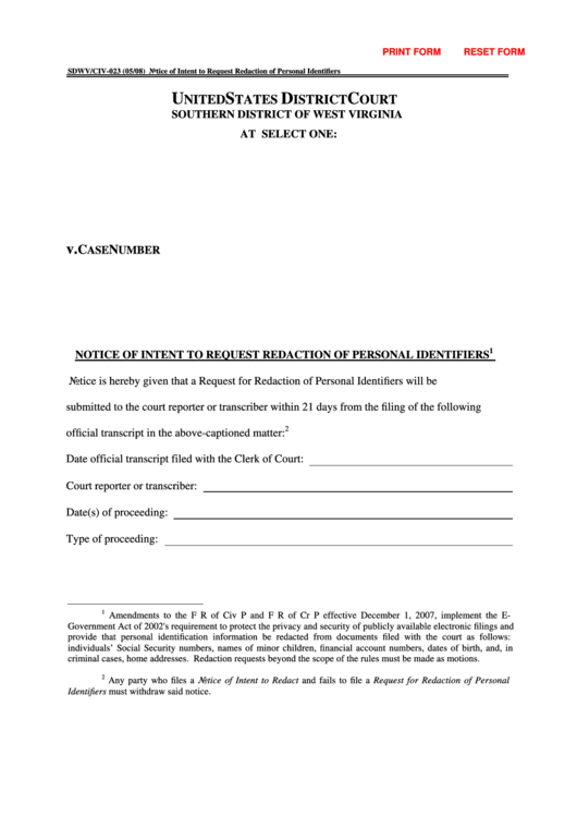 Fillable Notice Of Intent To Request Redaction Of Personal Identifiers Printable pdf