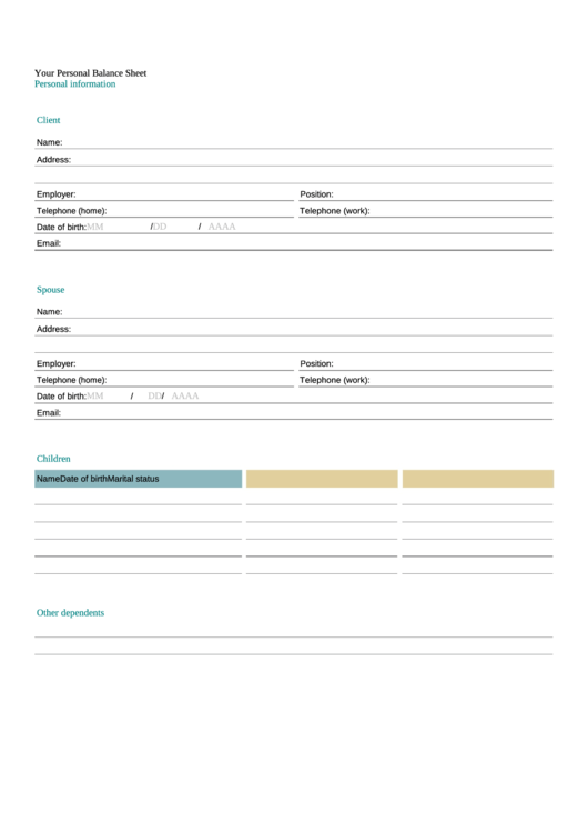 Your Personal Balance Sheet Printable pdf