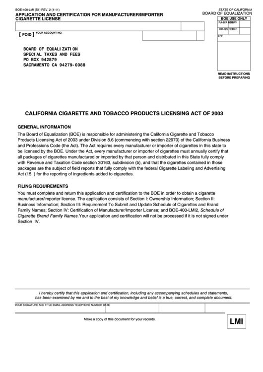 Fillable Application Form And Certification For Manufacturer/importer Cigarette License Printable pdf