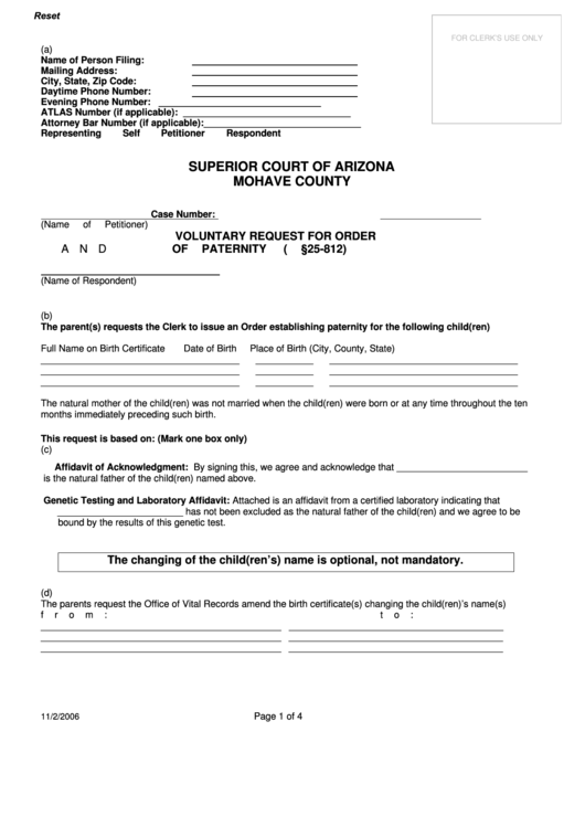 Fillable Voluntary Request For Order Of Paternity printable pdf download