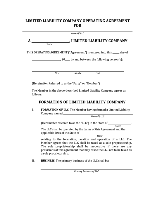 Fillable Limited Liability Company Operating Agreement For A Limited Liability Company Printable pdf