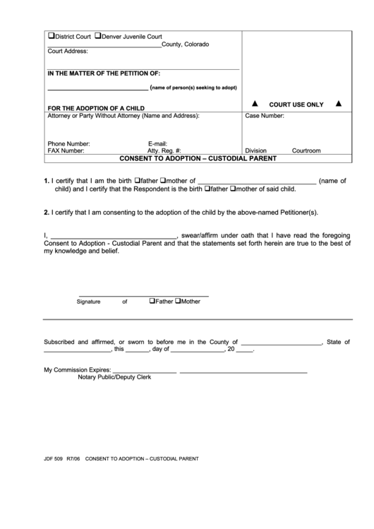 Consent To Adoption Form - Custodial Parent Printable pdf