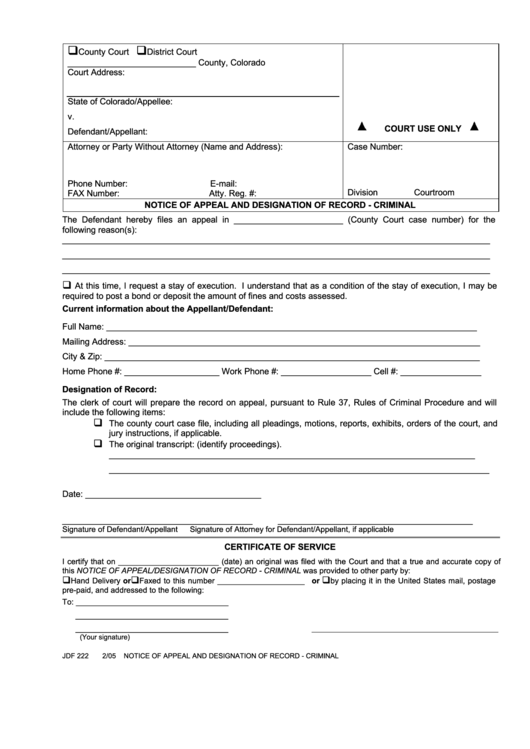 Fillable Notice Of Appeal And Designation Of Record - Criminal Template Printable pdf