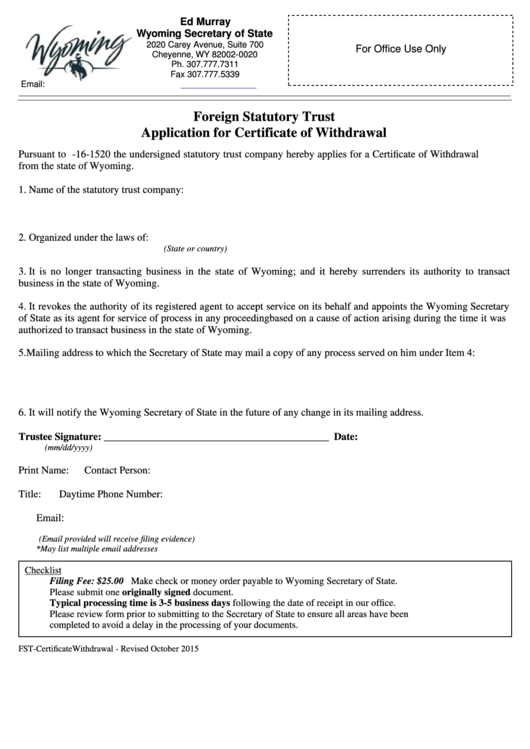 Fillable Foreign Statutory Trust Application For Certificate Of