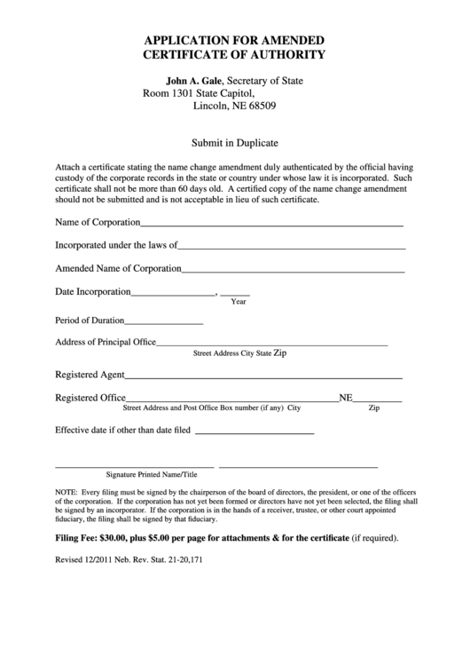 Fillable Amended Certificate Of Authority Application Form - 2011 Printable pdf