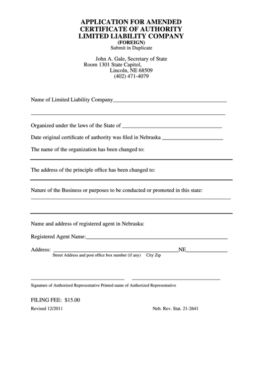 Fillable Application For Amended Certificate Of Authority Limited Liability Company - Nebraska Secretary Of State Printable pdf