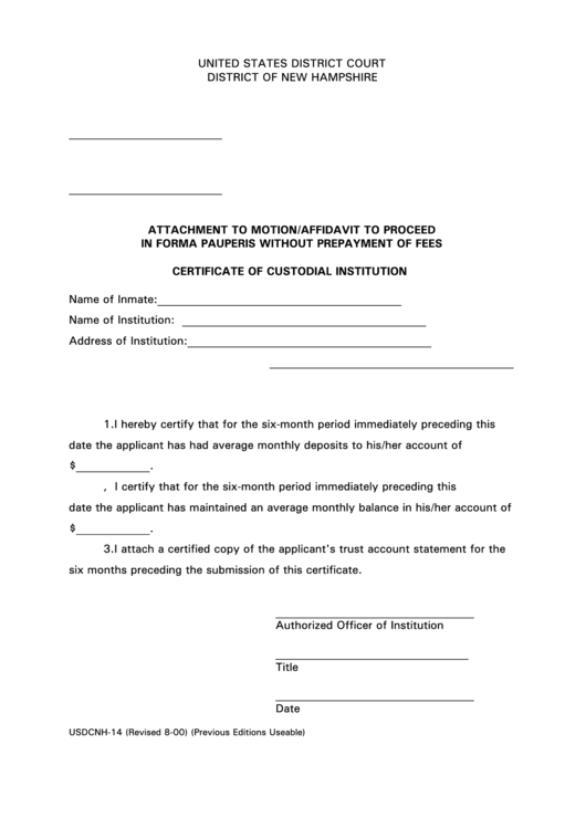 Attachment To Motion Affidavit To Proceed In Forma Pauperis Without Prepayment Of Fees Printable pdf