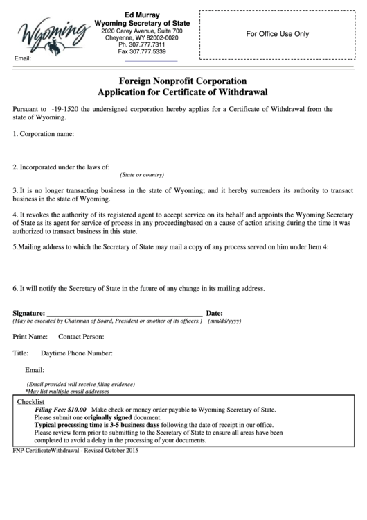 Fillable Foreign Nonprofit Corporation Application For Certificate Of Withdrawal - 2015 Printable pdf