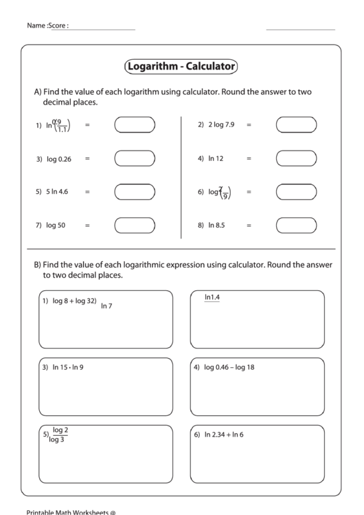 Logarithm - Calculator Printable pdf