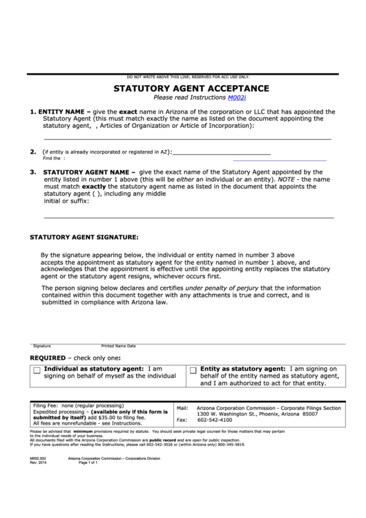 Fillable Statutory Agent Acceptance Printable pdf