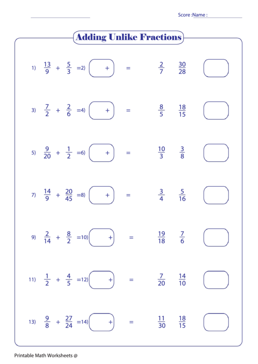 Adding Unlike Fractions Printable pdf