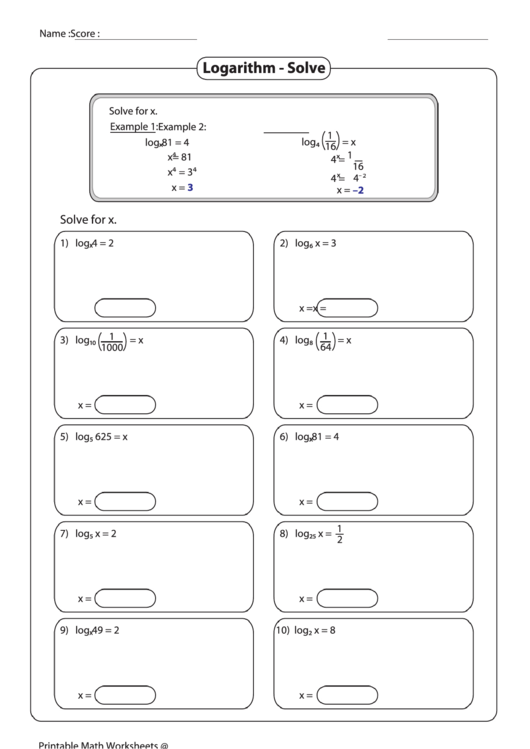 Logarithm - Solve Printable pdf