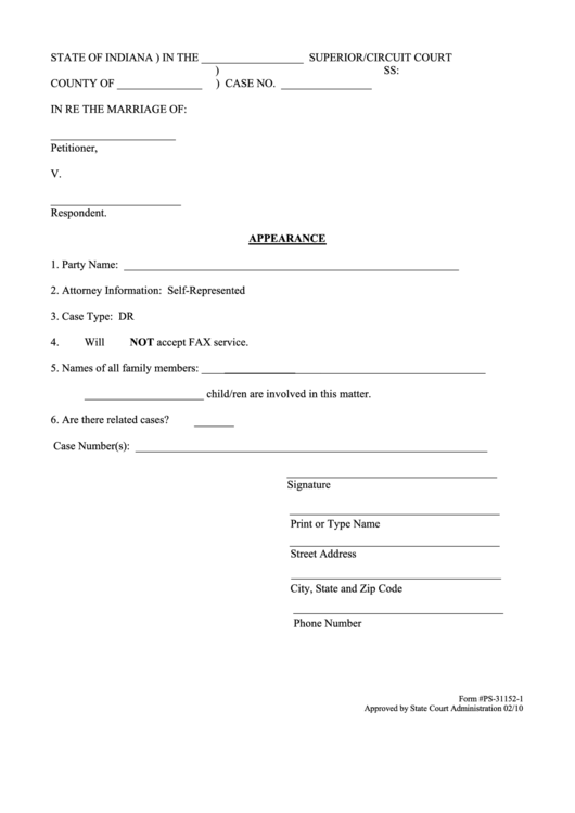 Fillable Appearance Indiana Court Forms Printable pdf