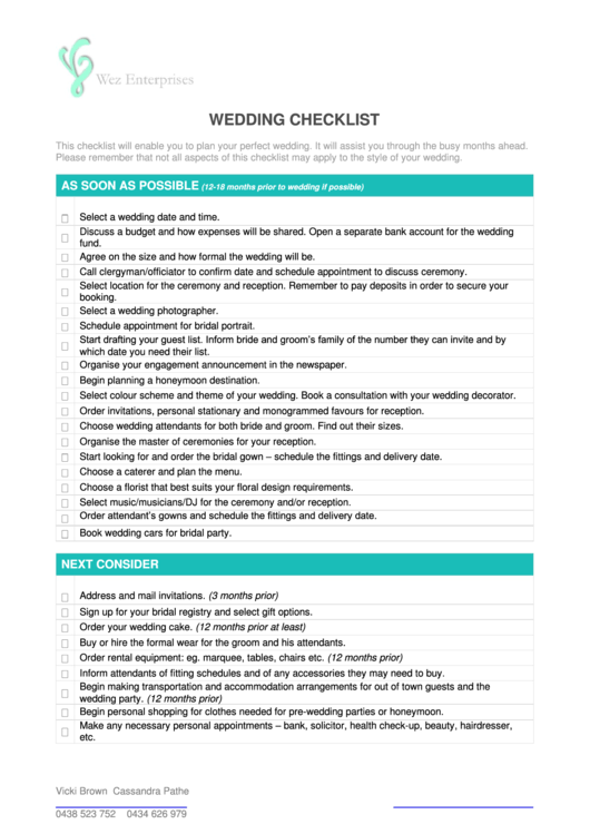 Wedding Checklist Template Printable pdf