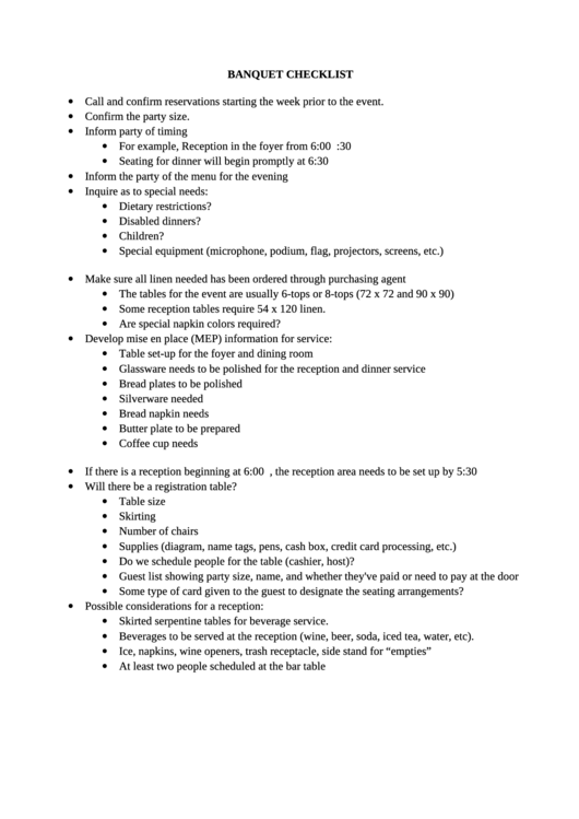 Banquet Checklist Printable pdf