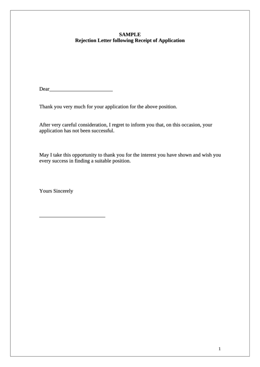 Sample Rejection Letter Template Following Receipt Of Application Printable pdf