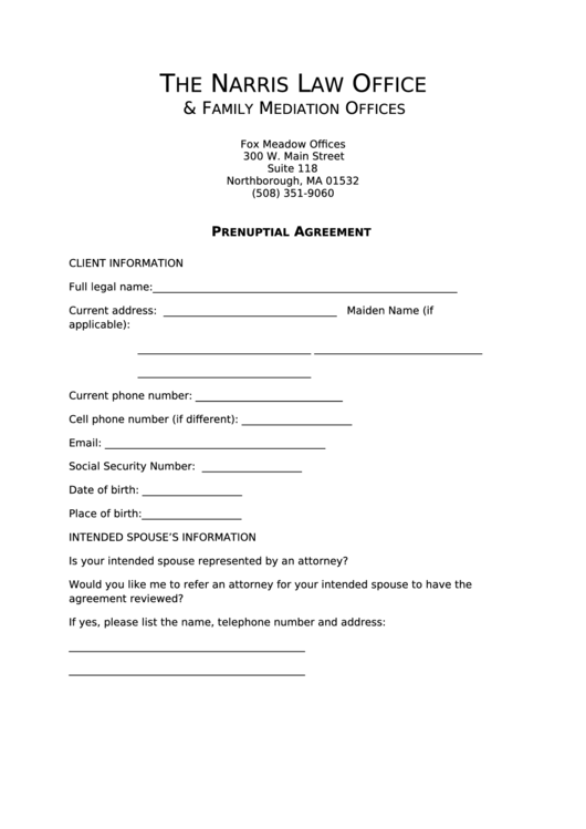 Prenuptial Agreement Template - The Narris Law Office & Family Mediation Offices Printable pdf