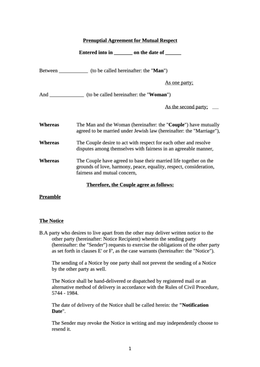 Prenuptial Agreement Template For Mutual Respect - Orthodox Jewish Law Printable pdf