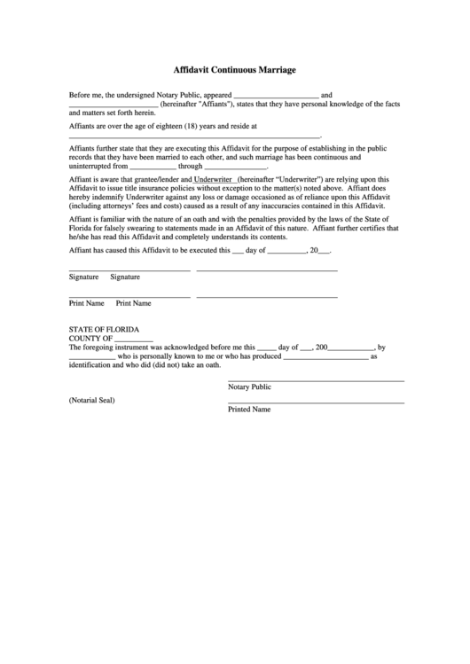 Affidavit Continuous Marriage Form - Florida Printable pdf