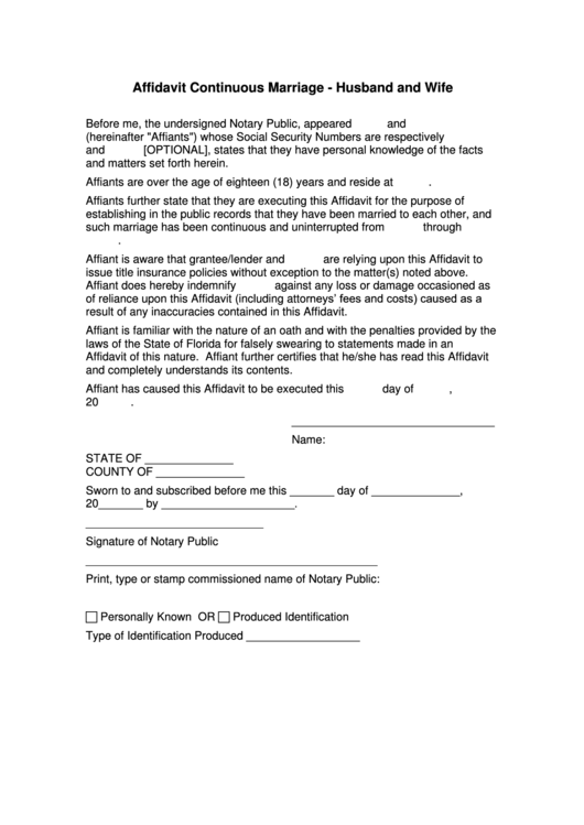 Affidavit Of Continuous Marriage Form Printable pdf
