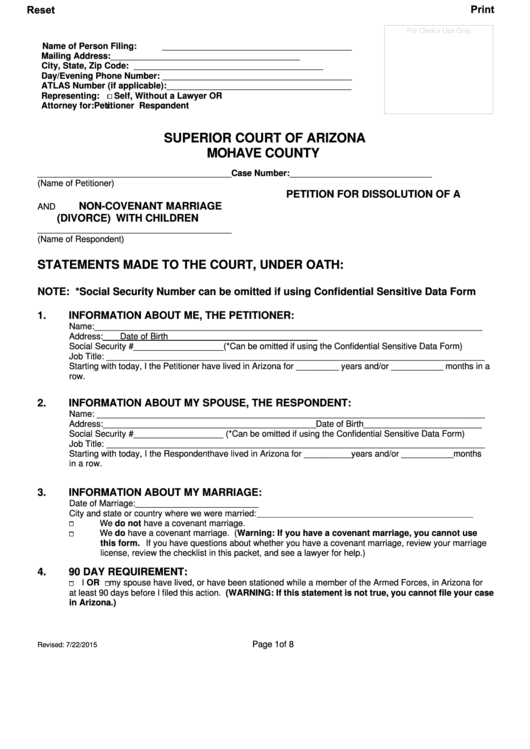 Petition For Dissolution Of A Non Covenant Marriage With Children - Superior Court Of Arizona