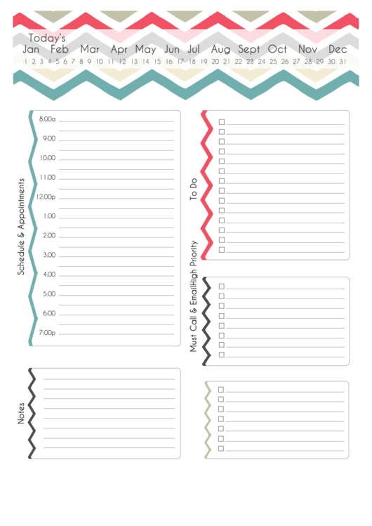 Fillable Daily Planner Template - Zig-Zag Background Printable pdf