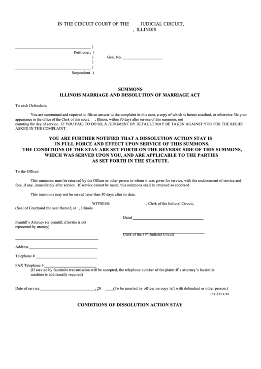 Fillable Summons Illinois Marriage And Dissolution Of Marriage Act Printable pdf