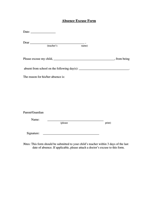 Fillable Absence Excuse Form Printable pdf