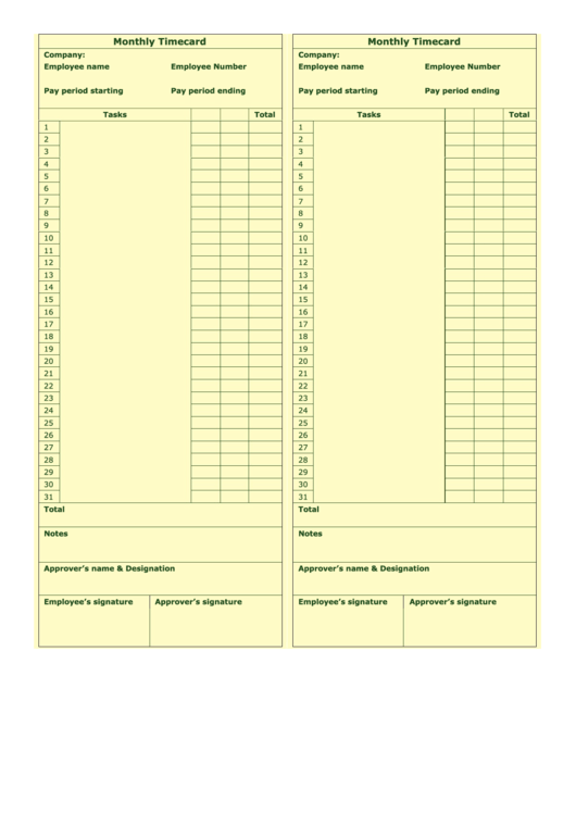 Monthly Time Card Template Printable pdf