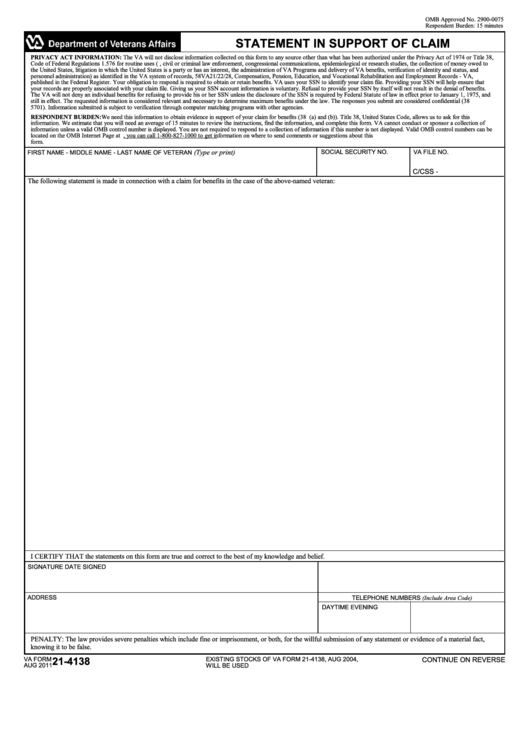 Fillable Va Form 214138 Statement In Support Of Claim printable pdf