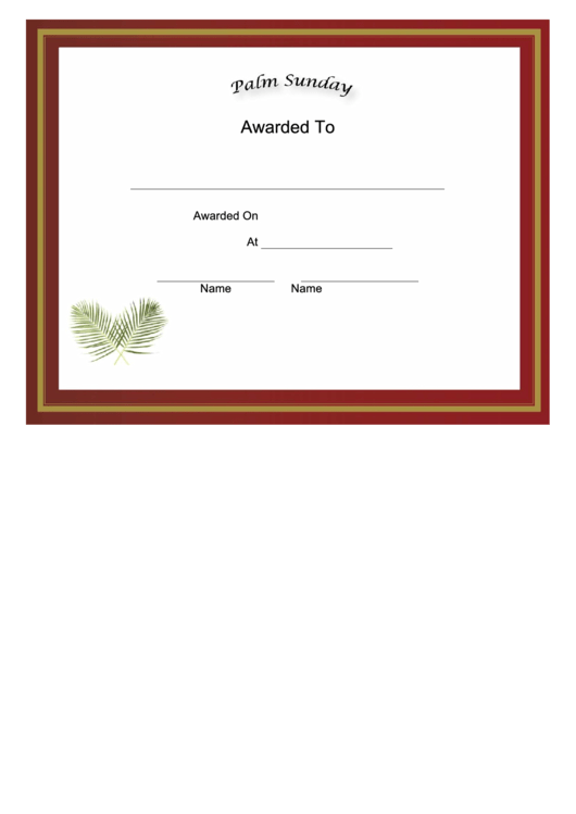 Palm Sunday Holiday Certificate Printable pdf