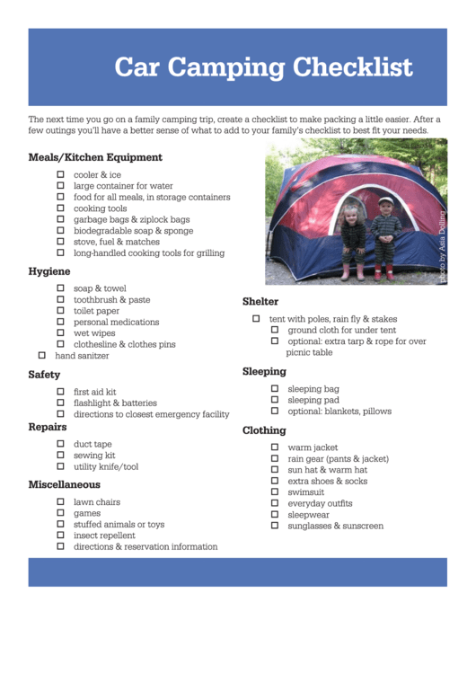 Car Camping Checklist Printable pdf